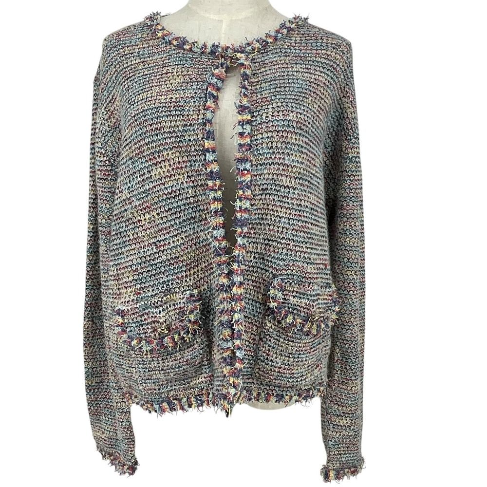 SIONI XL Multicolor Knit Cardigan Sweater Fringe Trim‎ Pockets